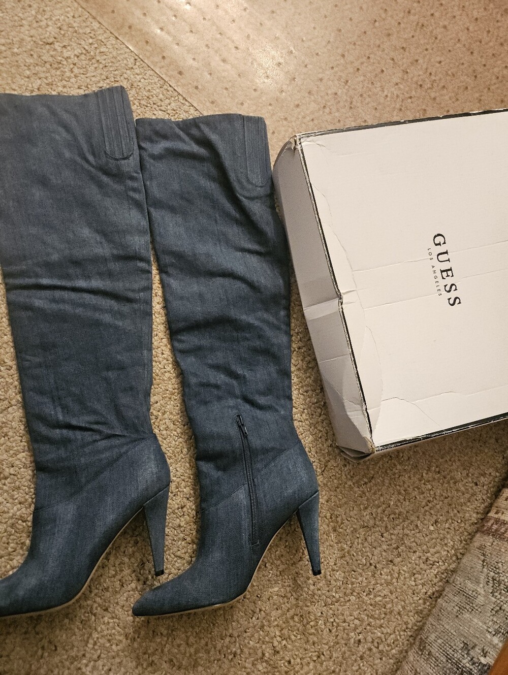 GUESS Over-the-Knee Denim Pointed-Toe Stiletto Boots - Blue